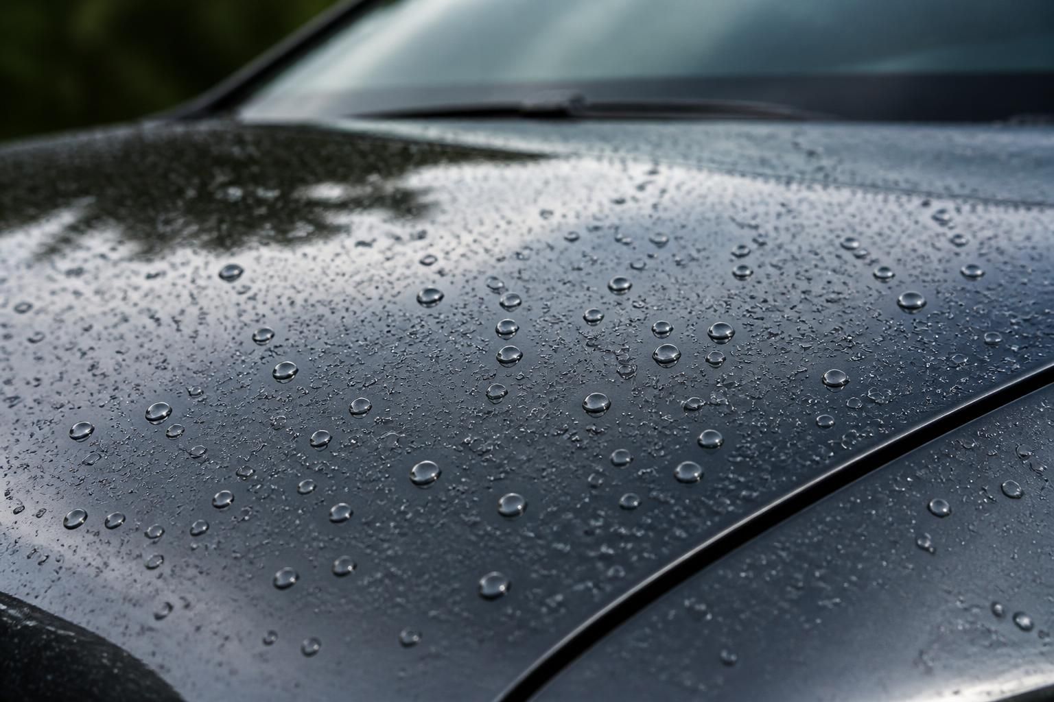 Ceramic-coated car panel with deep gloss and visible water beading.