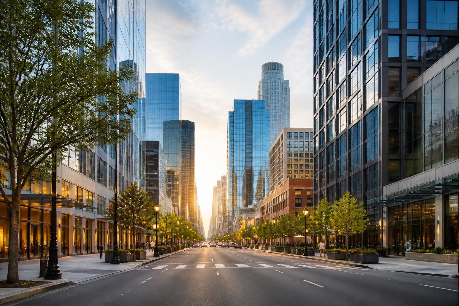 Metropolitan streetscape with modern buildings and clean roads.