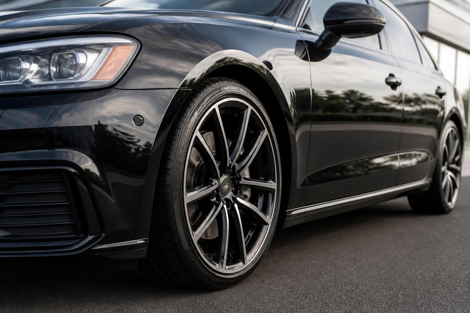 Freshly detailed car exterior with glossy paint and clean wheels.