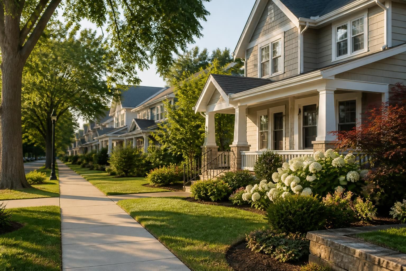 Residential neighborhood with tidy sidewalks and landscaped yards.