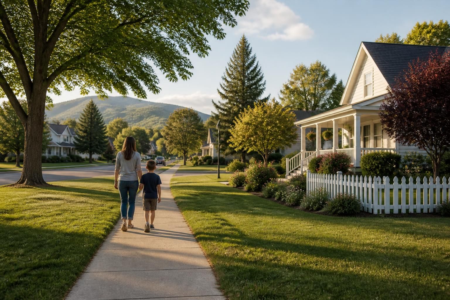 Quiet neighborhood street with open lawns and trees.