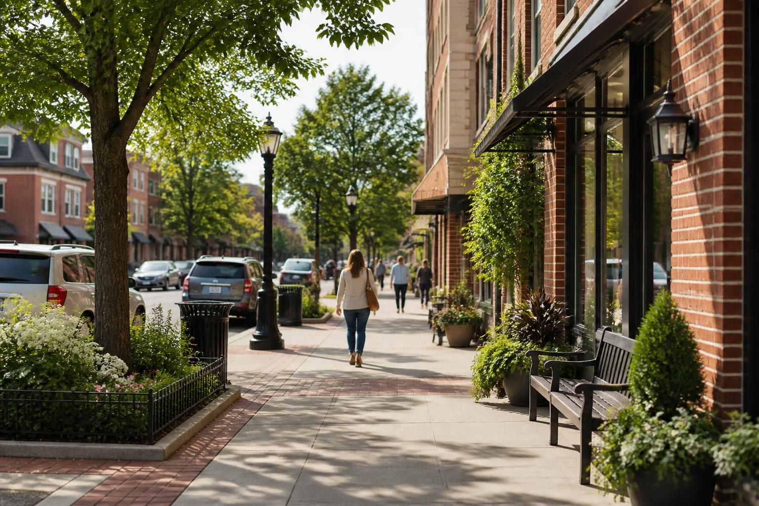 Town-center neighborhood with brick buildings and shaded sidewalks.