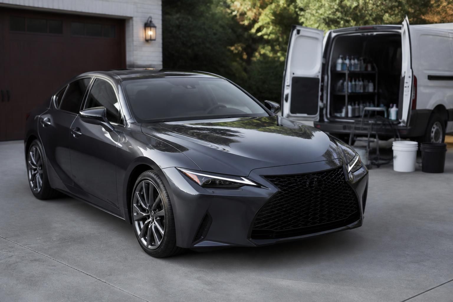 Detailed car in a driveway with a clean mobile service setup.