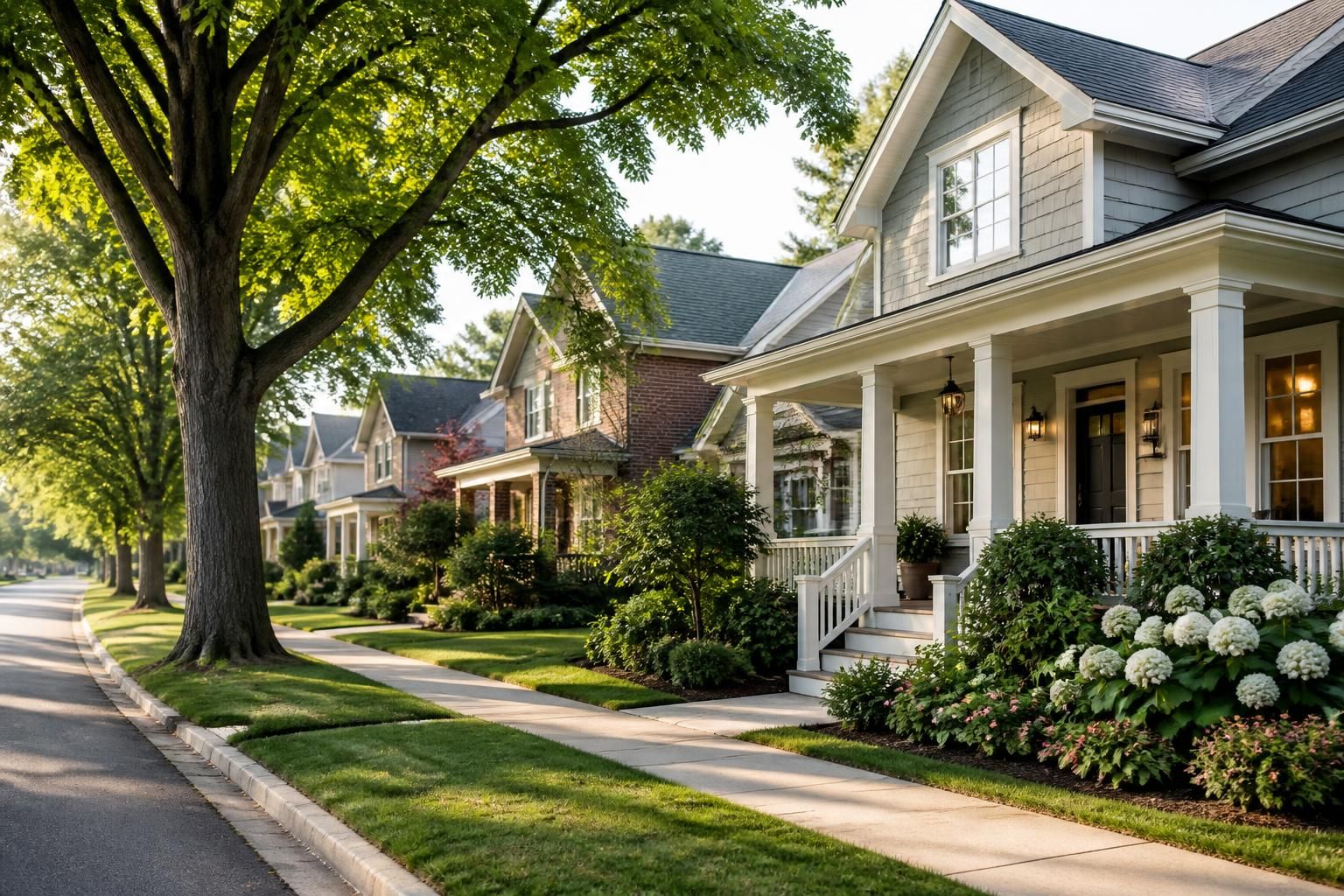 Welcoming suburban neighborhood street with well-kept homes and trees.