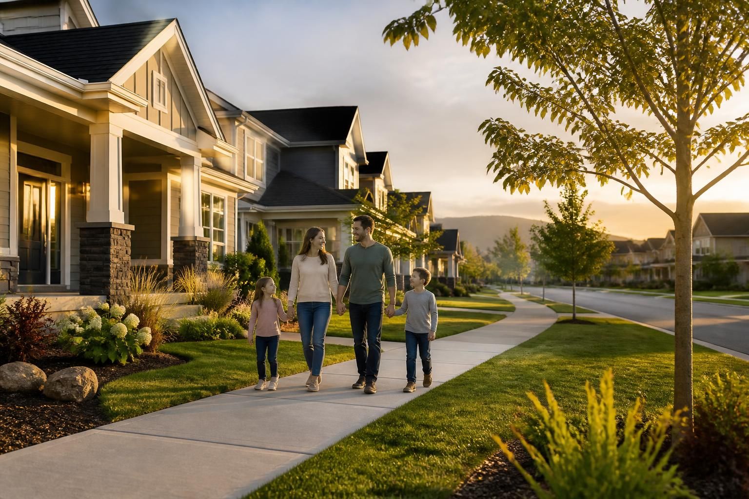 Suburban community with clean streets and modern homes.