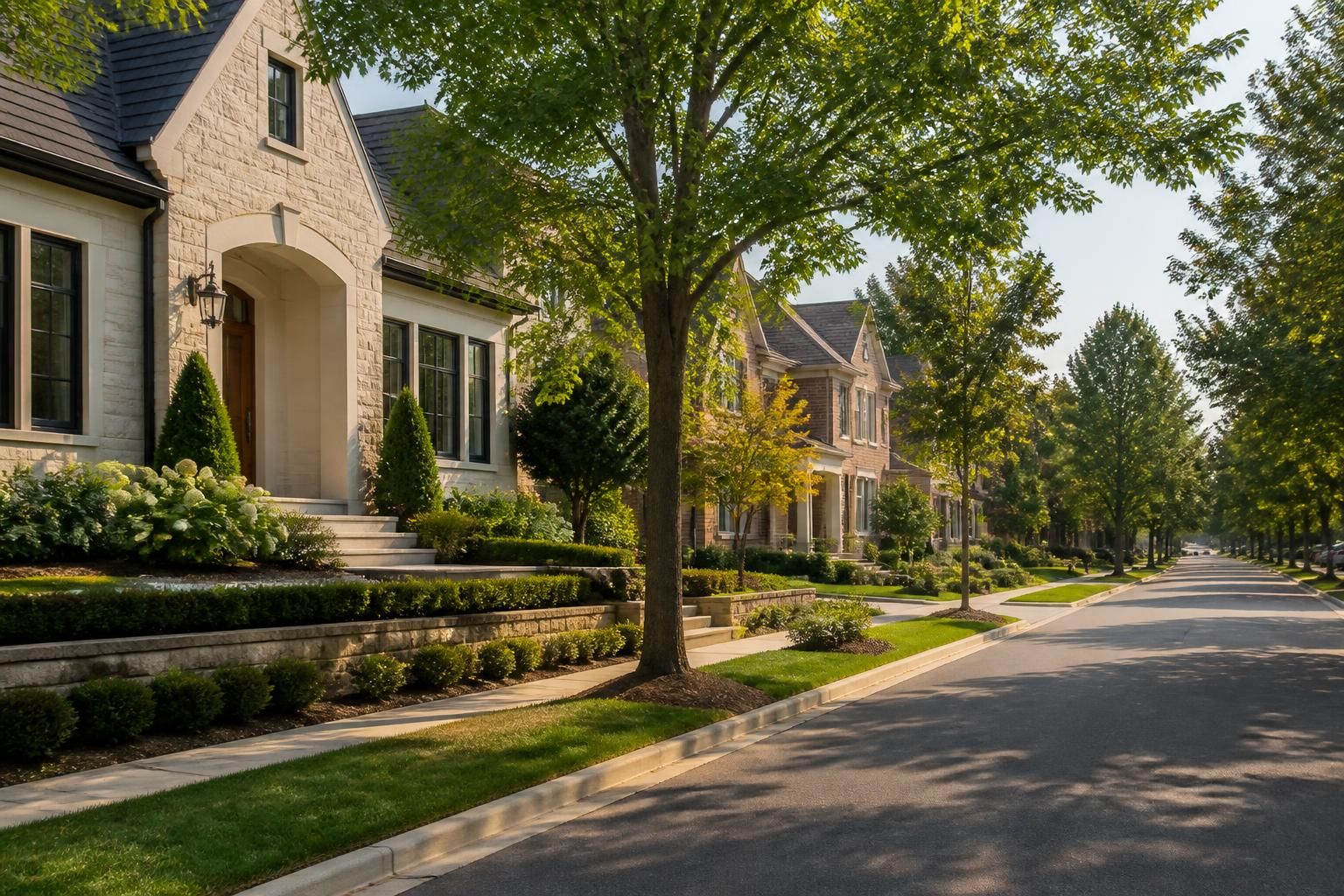 Upscale neighborhood street with elegant homes and manicured landscaping.