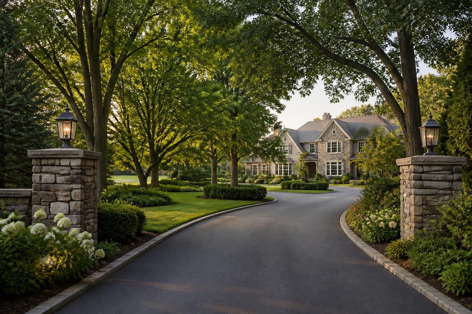 Tree-lined residential drive with spacious homes and refined landscaping.