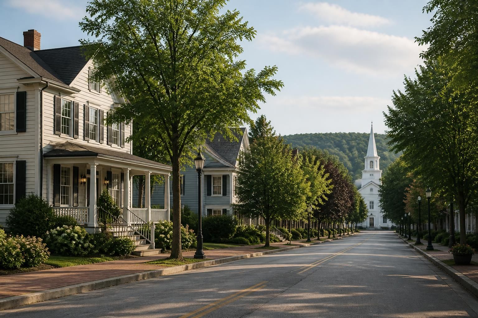 Small-town street with classic homes and clean roads.